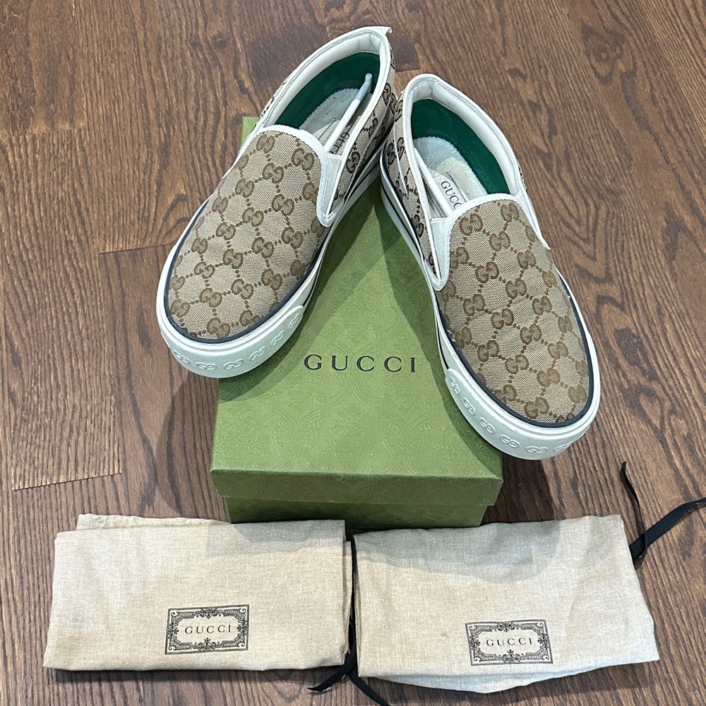 Gucci Beige Monogram Canvas Slip-Ons